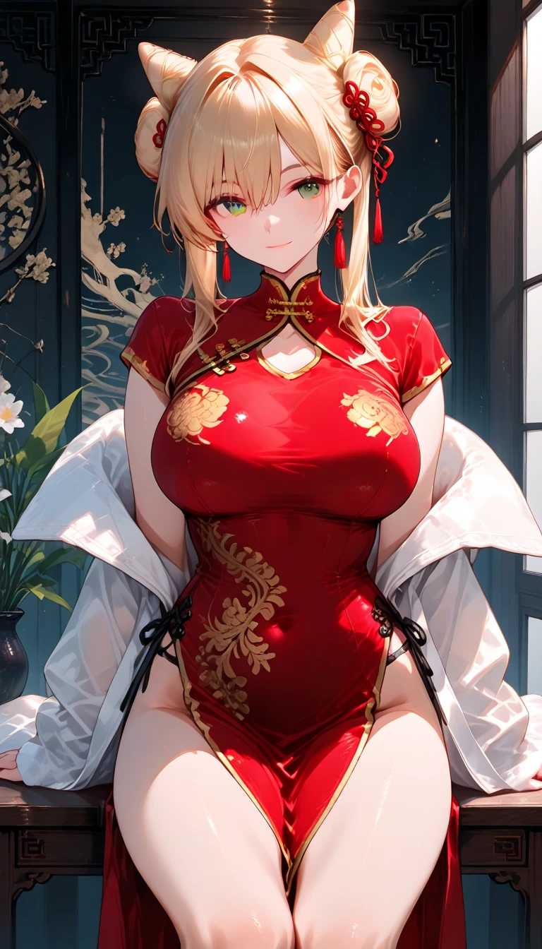 1 girl, solo, tall girl, beige hair,short beige hair, straight short hair, gold eyes, (Full Breasts), (thigh), High Height, masterpiece, high resolution, shiny, (full body), beautiful, A cute smile that makes the viewer happy, highly detailed beautiful face and eyes, looking at viewer, (cheongsam clothing,bare shoulders, china dress, chinese clothes, short dress, cleavage cutout, sideboob, slit, thighs,:1.2),