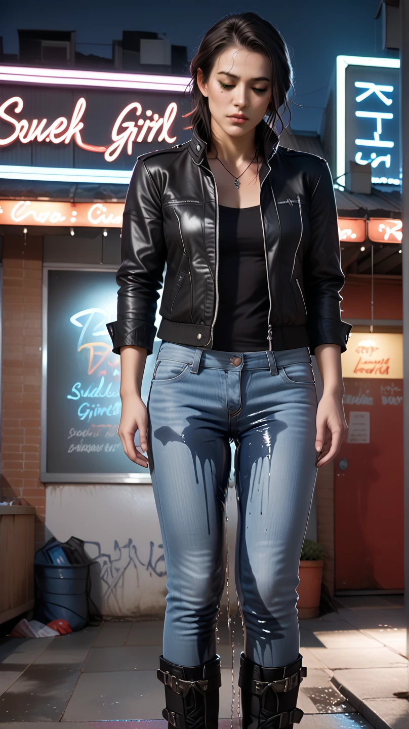 ((8k, RAW photo, highest quality, masterpiece), High detail RAW color photo professional photo, (realistic, photo realism:1. 37), (highest quality), (best shadow), (best illustration), ultra high resolution, highly detailed CG unified 8K wallpapers, physics-based rendering, cinematic lighting), sensual girl, (25 years old), black hair, ponytail, thin lips, red lips, make up detail, pink lips, eyeshadow, cry, (huge breast : 1.5), (walking) , black jacket, jeans, (wet clothes, water seeps into the body), smtall body, high heels, rain, (midnight, in the dark, low light), in a narrow and dark alley