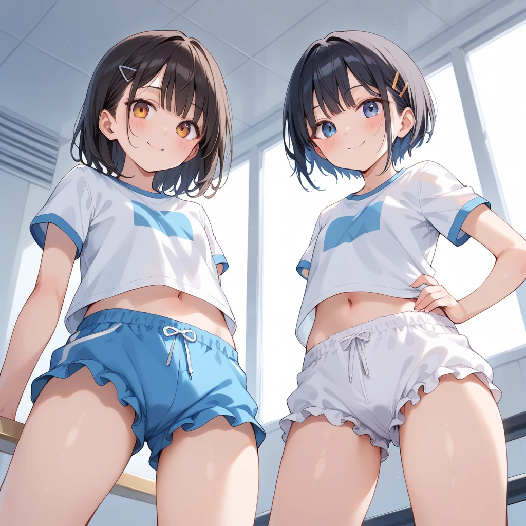Silver Hair、Red eyes、Fox Ears、girl、Small breasts、ponytail、girl、Small breasts、Bright smile、Looks about 15 years old、Petan Musume、He is short、Gym、【prompt】
break (Old style sportswear for Japanese schools:1.3), ((Soft cotton material, Matte material):1.3), (Oversized soft cotton short sleeve U-neck white tunic:1.4), (Top outline blue line:1.3), ((Slim fit, Exactly) (Dark blue panties, Deep blue athletic micro shorts made from soft cotton, Soft cotton dark blue bloomers):1.3), ((Between the legs, Upper thigh skin):1.3), (White socks:1.3), (sneakers:1.2),