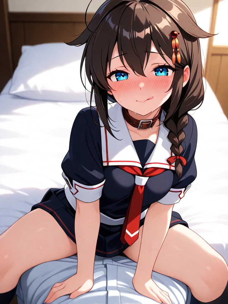 alone, One girl、Crown braids in the same color as your hair, hair ornaments, Hair Ribbon,(A light blue kimono with a red floral pattern and a red obi.)、Red Eyes、Black Hair、(blush:1.8)、(Embarrassed look:1.5)、Slightly larger breasts、(Lying in bed)、Shoulders, chest and nipples are visible.、Pink panties and thighs are visible、Sweat、Spread your legs
