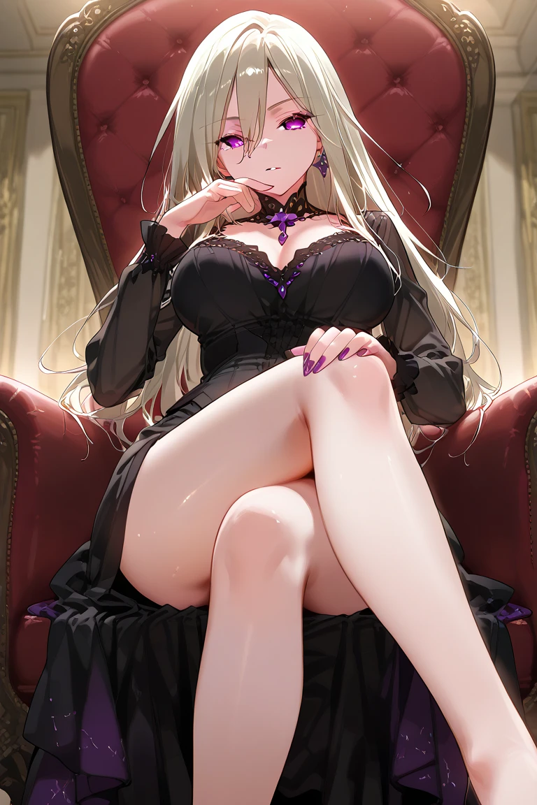 1 Girl, Succubu, demon, sexy, White hair, golden and yellow eyes at the same time, Hermosa, Sitting on a throne, beautiful and divine palace