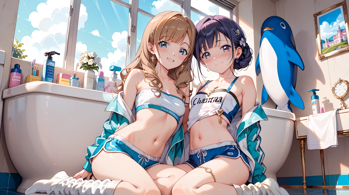 Two cute blue-eyed 12-year-old girls with wavy blonde hair are sitting naked with their legs spread wide open and masturbating, showing their butts, anuses, pussies and small nipples.。I don't wear any underwear。A pose where you can be seen from below。are small。Pose that shows your anus。pussy and anus are spread。Spreading legs with both hands。is wet。pants are down to the knees。playing with each other's genitals。SEX。NFSW