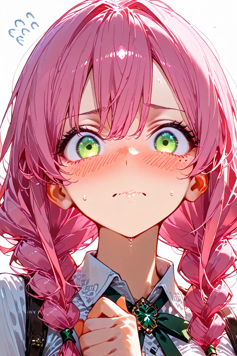 Girl with pink hair and green eyes, Sobbing, I hold back my tears
