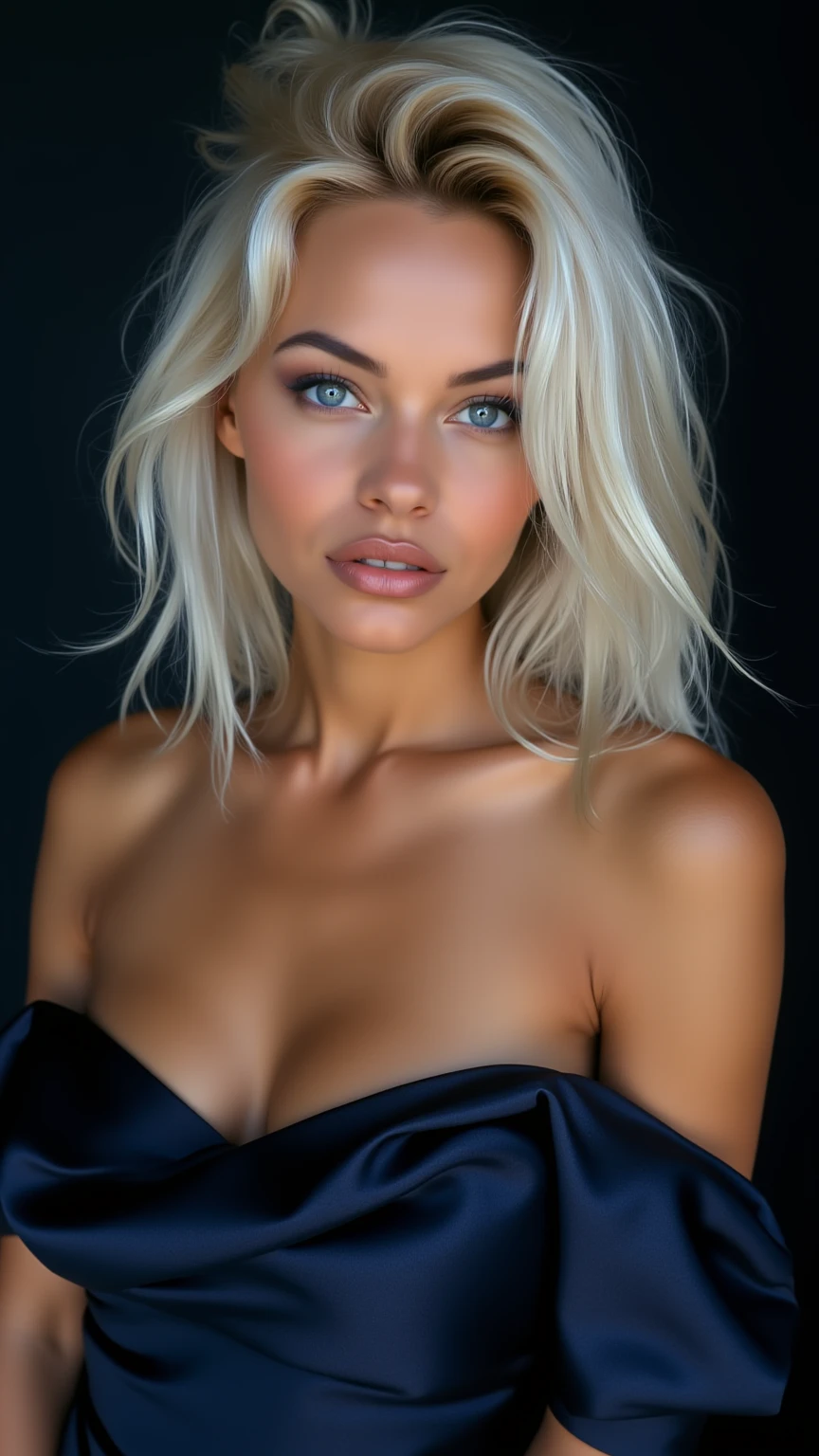 highest quality, 8k, masterpiece, realistic, High resolution, sharp focus, 1 girl, 28 year old gorgeous fashion supermodel, ((Nude, nipple, pubic hair )), ((Standing full body)), bright white blonde hair, cleavage, short hair, dull bangs, hair behind the ear, long hair, slender body shape, super detailed face, delicate lips, Moderately, beautiful eyes, lipstick, light blush, perfect shiny shiny skin, invite the gaze, view audience