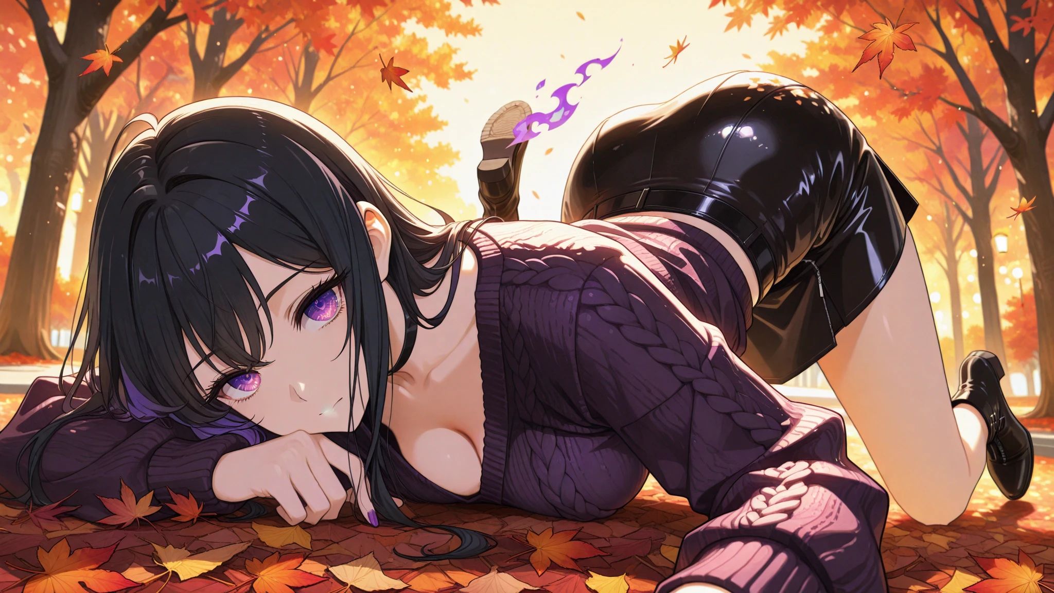 ((high detail, best quality, 4K, masterpiece, HD:1.3)), ((best quality)), (((HD))), (((8k))), (超DH), (ultra HD) A girl with purple eyes minecraft Enderman black top big breasts enlarged breasts full body photo in the forest