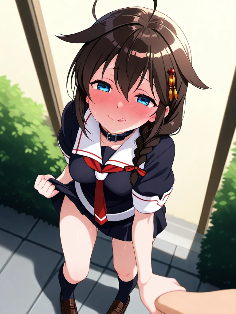 masterpiece, best quality, high quality, beautiful anime character, solo, anime girl with dark hair, long hair, small evil horns, elf ears, purple eyes, big breasts, mature female, big girl, thick, light smile, outdoors, almost full body, (sailor uniform, ribbon, pleated skirt, thighhighs), (skirt futanari, hiding penis, otonoko, futa, penis under skirt, perfect penis, perfect face), (skirt bulge), 