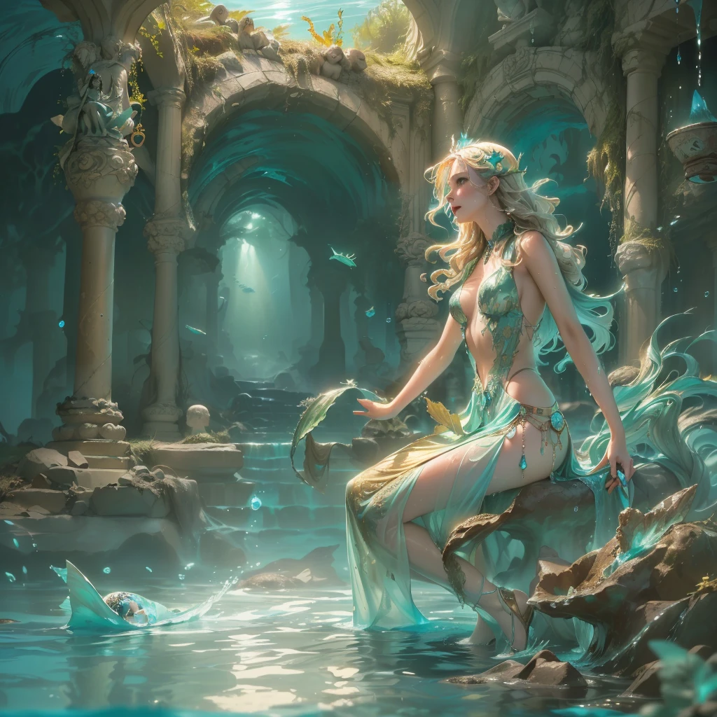 there is a woman sitting on a bench looking at a fish, beautiful digital artwork, exquisite digital illustration, goddess of the ocean, stunning digital illustration, inspired by Cynthia Sheppard, art nouveau octane render, by Cynthia Sheppard, 4k highly detailed digital art, elegant digital painting, a beautiful artwork illustration, by John Alexander, gorgeous digital art, beautiful digital illustration