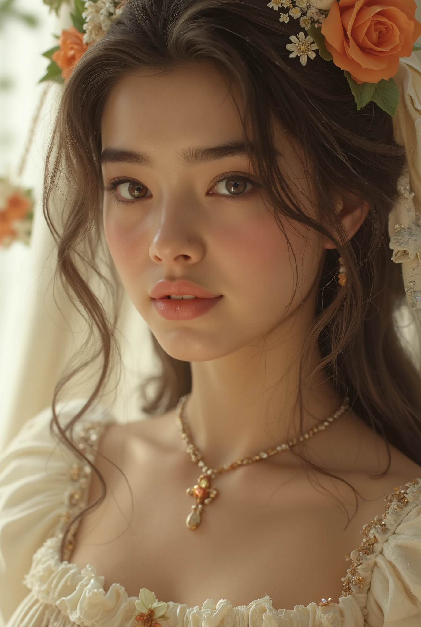 A hyper-realistic, full-body portrait of a young woman whose body is made of elegant desserts and confectionery, her skin resembling silky white chocolate, strands of her hair formed from delicate spun sugar and caramel ribbons, her dress sculpted from layered mille-feuille and glazed fruit tart, ornge lips like orange jelly, eyes reflecting the sparkle of sugar crystals, fingers tipped with chocolate-dipped nails, detailed texture of sweets blending organically with human anatomy, softly lit fantasy patisserie background, realistic lighting, 35mm photography, cinematic composition, concept art