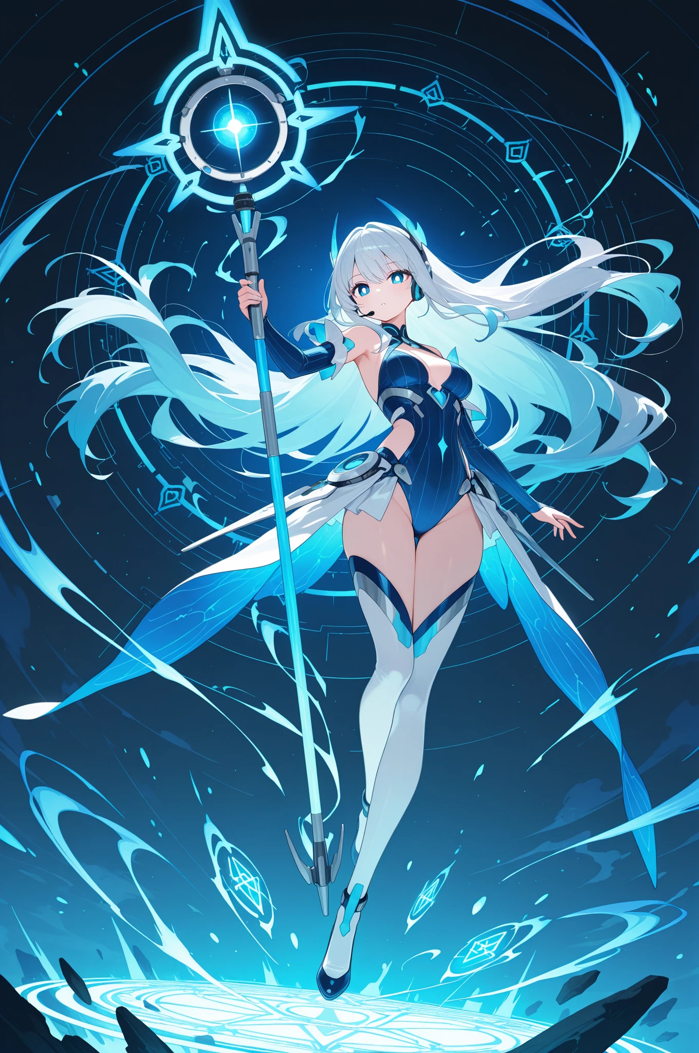 girl,k hd,4K,face expressionless,style of anime,sideface,blue color eyes,white color hair,((full body)),Confused eyes,(default character)SD character, masterpiece,best quality,ultra detailed,4K,super fine illustration,highly detailed beautiful face and eyes,cyan color scheme, lighting,fantasy,extremely solemn atmosphere,long hair,floating hair,smirk,fighting stance,dynamic pose,(holding glowing sword:1.3),particle light,luminescence,plasma,electric current,blue flame,sense of depth,dynamic angle,