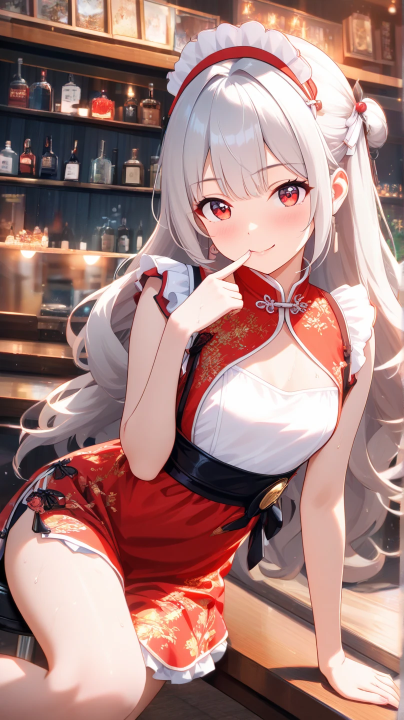 ((One personの女性)), Beautiful Face, (Laughing embarrassedly), (naughty face:1.1),((Wink:1.7)), (head tilt:1.3), teeth,Laugh with your mouth wide open,((Bright red cheeks:1.4)), ((foot focus)), Glossy red lips, ((crossed legs:1.2)), ((panty shot:1.3)),Gold T-back, (Shining Face), Touching hair with hands,looking at viewer, Rooftop terrace, firework,Lighting on the face, ((Anime style background)),masterpiece, Highest quality, so beautiful,up to date, Complex details, (Pink long nails),(ring),(bracelet),(Floral choker),AI-generated, Complex,High resolution, Highest quality, super high quality,3D Images、3D Images,One person,Long white hair,High Ponytail, Anime woman posing for a photo,(blue eyes), ((Fine grain、Silvery white eyes、Shining Eyes:1.3)), (Squint your eyes:1.1),a hyperRealistic , hyperRealistic , Realistic,Anime woman with long white hair, Smooth anime CG art, A woman in a colorful kimono with gold embroidery, (Black long sleeve kimono),Red floral pattern,Long flower hair ornament,Earrings,Mature Body,(Big Breasts:1.1),Tall,Abdominal muscles,Tight waist, (Zoom up to face:1.0), ((from side and slightly from below)),