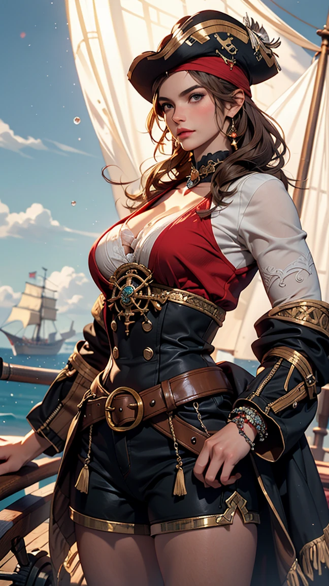 ((medieval world)), (noble's daughter who became a pirate, captain, (medieval European aristocratic unbuttoned dress, luxury jewelry), breasts, she has a long westerner sword), on the deck of a medieval large galleon that was made of woods during the Age of Discovery in the Middle Ages, windy, a lot of cargo, open legs, ((swollen areolas, pubic hair)), smiling, angle from below, in the ocean,