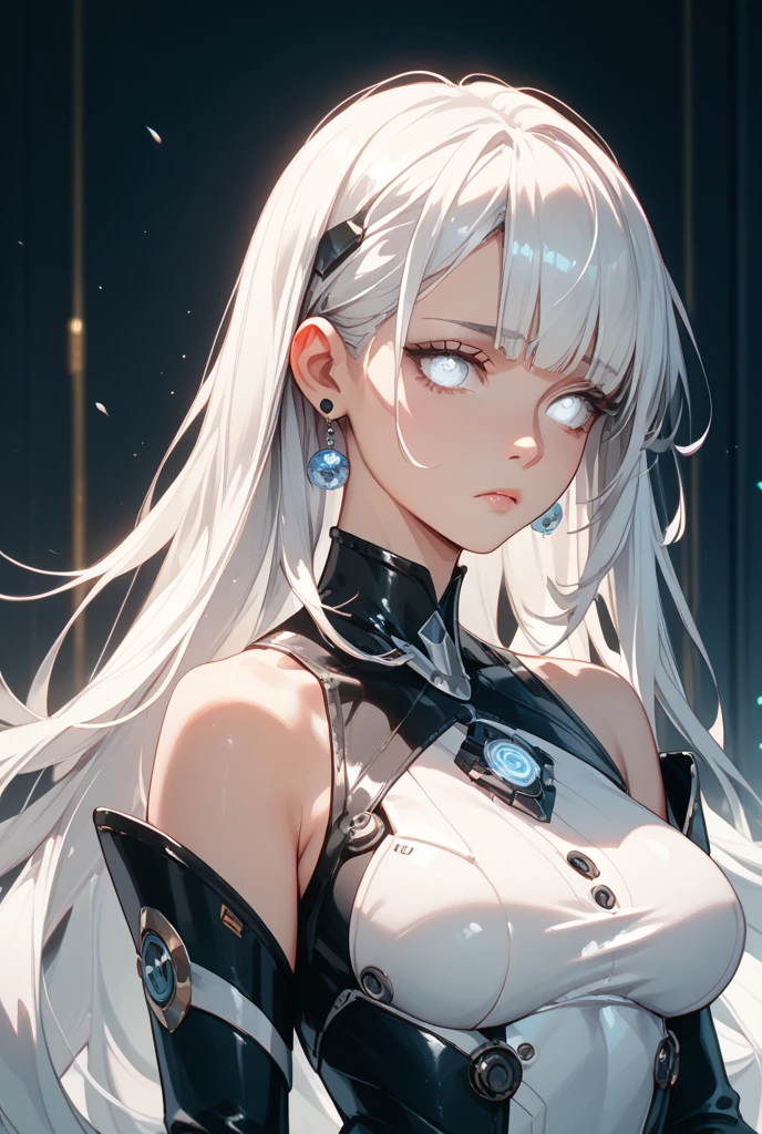 uma imagem de uma mulher de Cabelos escuros curtos, olhos azuis penetrantes, pale skin with some discreet scars. Veste-se com um traje de couro preto resistente, com facas e estacas escondidas.