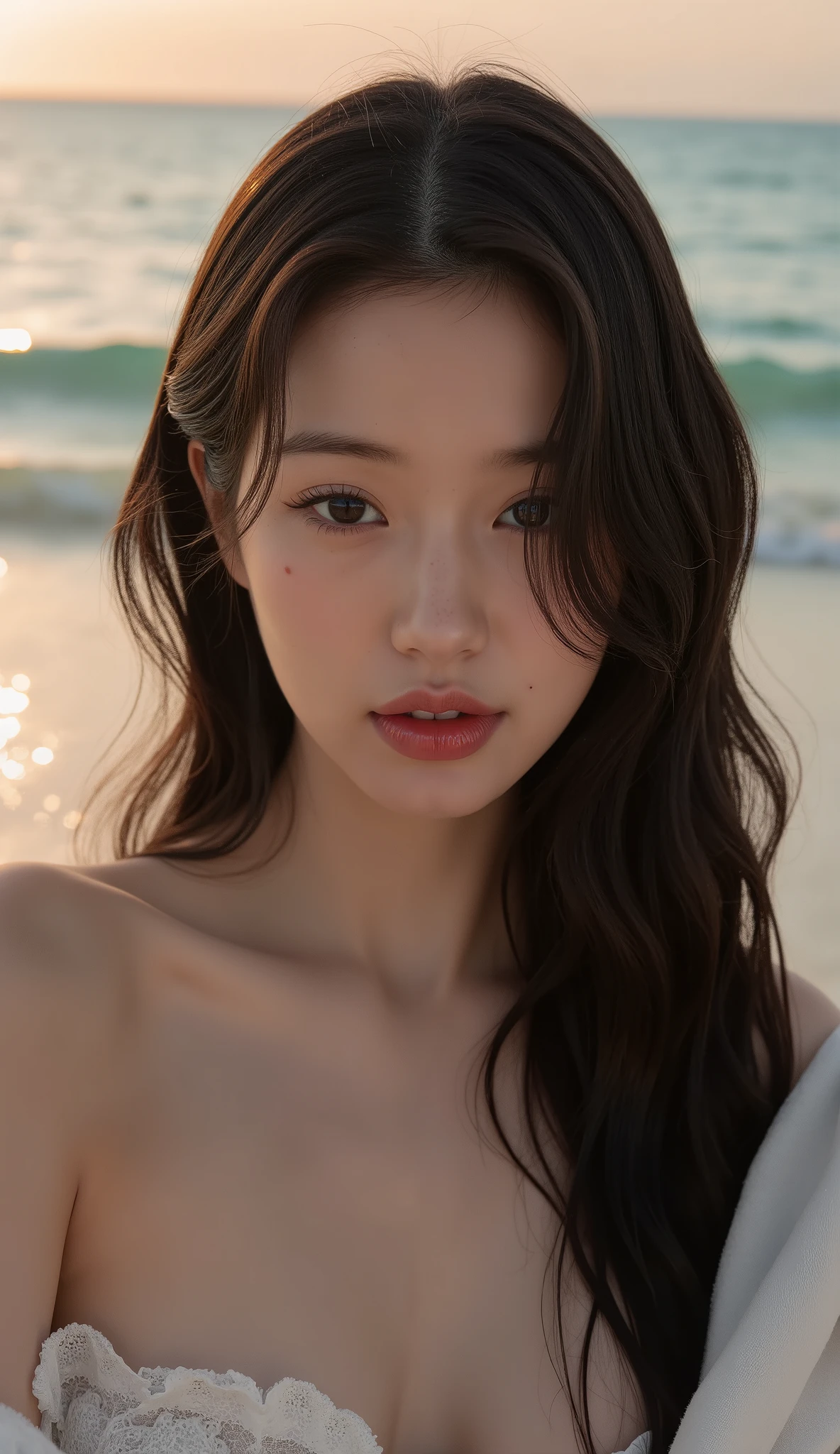 A picture of her naked and on a sandy beach、A lot of milk is spilling dripping from her face、A picture of an angle from above、 selfie、((beautiful wet wavy black hair with one side long hair hanging over one ear))、perfect style、((An erotic expression with a smile))、 beautiful décolletage、Beautiful armpits、beautiful breasts、  beautiful white wet skin and hair, Light makeup、  Beautiful pale eyes  , nudist lips、 in white for summer very detailedな顔    ,     realistic skin and texture     ,  Dramatic Lighting ,    White and glowing skin  ,    ,     Cinematic angles     , ((The background is the edge of a white sandy beach with the sunset shimmering on the surface of the water at dusk)) 　、The flashes of the sunset highlight her hair and silhouette、Romantic and fantastic atmosphere、chiaroscuro lighting、 Warm shade palette ,  Sensual Atmosphere、masterpiece, is anatomically correct, Ultra High Definition, textured skin, accurate, has won many awards, high detail, high quality, in white for summer very detailed, 　