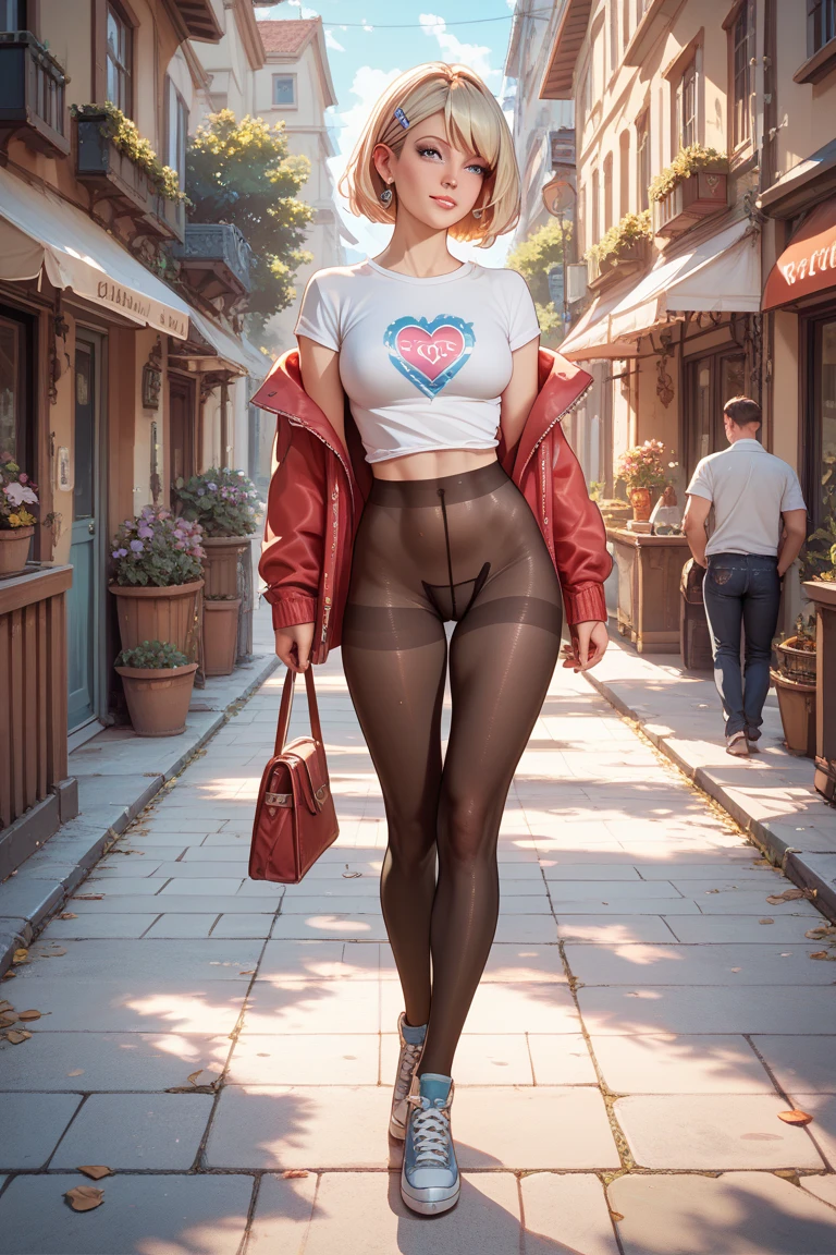 full body, RAW photo of (18 year old Brie Larson:1.3), totally naked, (red_pantyhose:1.5), slender body, (casual:0.8), collarbone-cut with bangs, ponytail, (purple_hair), (standing_on_shoulder:1.2), (candid), highly detailed face, highly detailed eyes, highly detailed skin, small smile, necklace, no_bra, BREAK blue open jacket, (camletoe:1.3), (midriff:0.5), fantasy city, shallow depth of field,  <lora:more_details:0.3> <lora:pantyhose_v25:0.3> pantyhose_v20 <lora:skinny_new_skin:0.3>