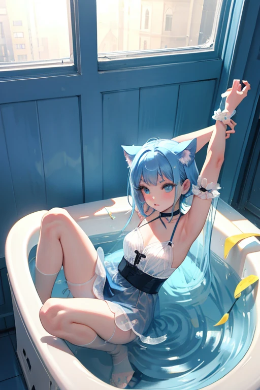 There was a woman in the bath,Wearing a white wig,Black top, Loli, Anime girl cosplay, anime figure; Full-body art, 2b, 2 b, white-haired god, Best anime 4k konachan wallpaper, nier inspired, Anime cosplay, character is covered in liquid, anime-inspired, cosplay of a catboy! maid! dress