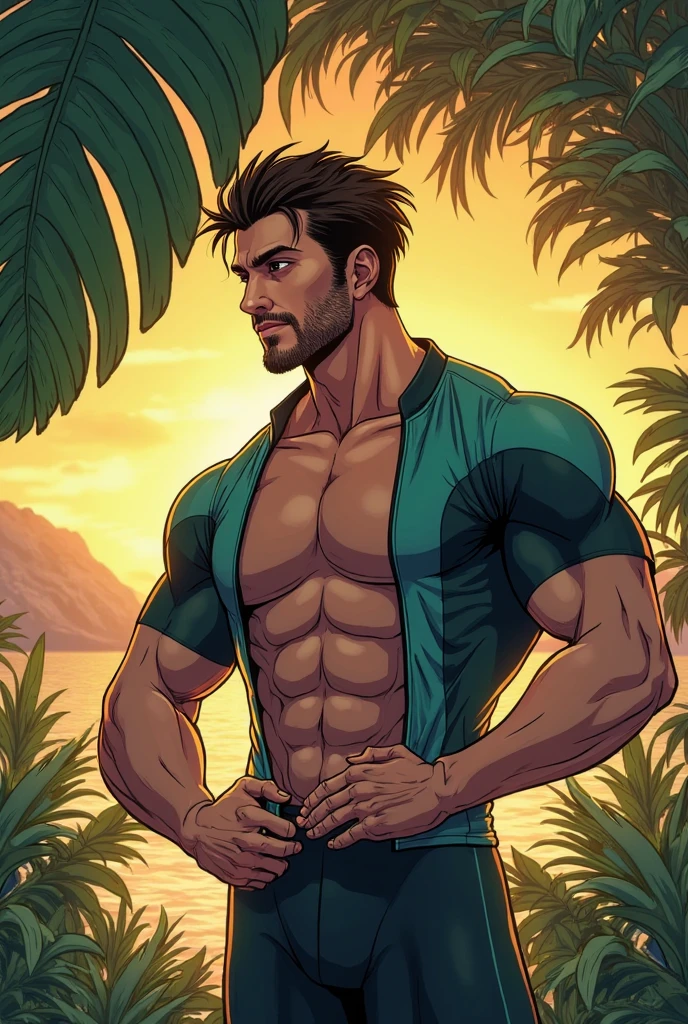 dark blue  background，white mist，A handsome tall man Stephen AMELL floating in the night,He is 28 years old，Thin waist，The pectoral muscles are well developed, He is 175cm tall，Weight 72 kg、blue-green eyes、brown hair color、short hair、Toplesuscle，The body is slightly covered with transparent dark green  gauze，You can see the body underneath， Countless birds flying in the sky，underwear，Black feather，looking into camera，smiling ，