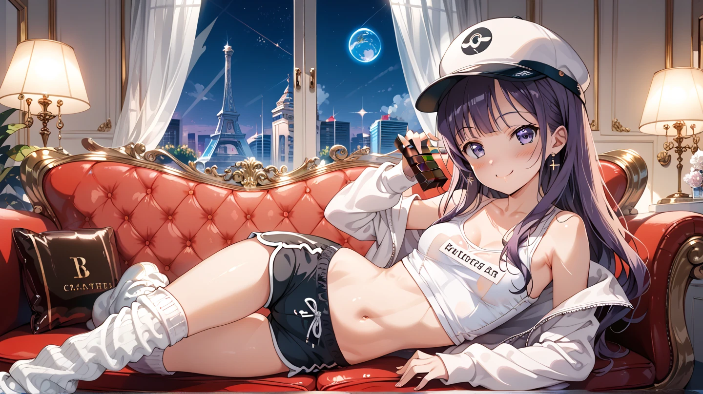 A woman wearing a white bikini and headphones、A beautiful night view behind、Big Breasts、sexy、Indoor pool with a night view、Moonlight、Unbuttoned、Downlight、full moon、Stylish interior、Ruby Eye、Woman lying on a vinyl boat