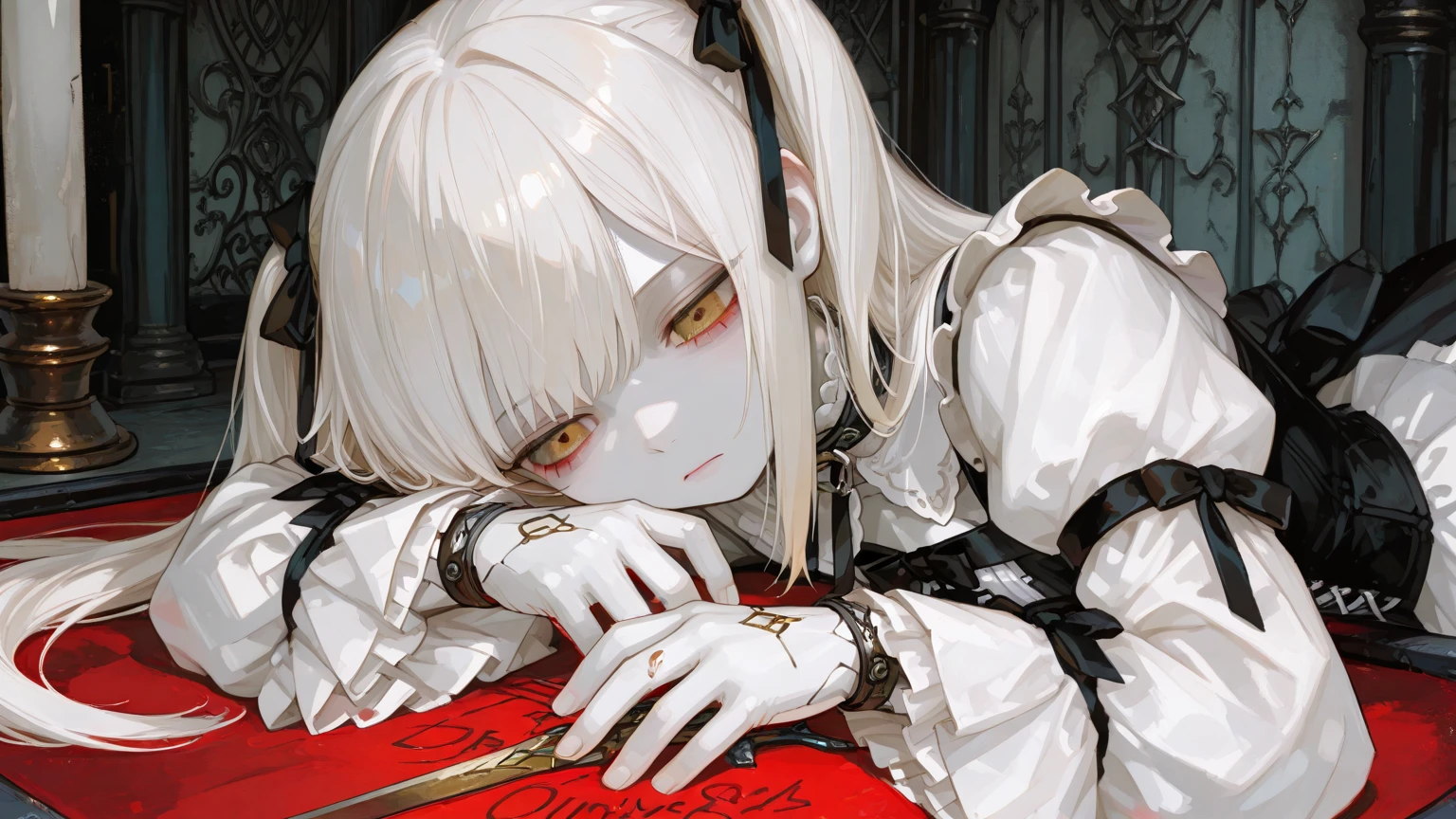 masterpiece, best quality, ultra detailed, a haunted girl doll sitting on the table, hollow eyes, blood, cobwebs, messy, doll, haunted, abandoned mansion, horror, scary, ghost, eerie, no humans, no light
