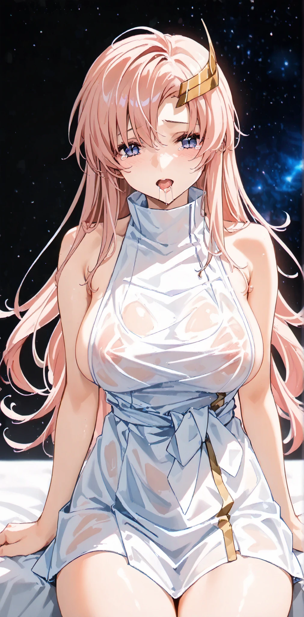 ((((masterpiece:1.4, Best Quality:1.4, 8K))), ultra high res, Physically Based Rendering, Portrait, ultra Beautiful Sexy Woman, 26yo, (Detailed large blue eyes), detailed thin eyebrows, Highlights in the eyes, no makeup, (pink long straight hair), hair ornament, Highly detailed facial and skin texture, Slender beauty:1.4, ((natural gigantic breasts:1.8, Pinching her erect nipples, breast milk)), (painful expression:1.4, tears:1.8, open mouth wide, drooling:1.8, steam on mouth:1.4), ((see-through white halterneck dress, sleeveless, deep slit, sideboob:1.5, open dress, dress lift, spread pussy exposed, beautiful erect nipples)), model standing, slim and beauty legs, soaking wet body, ((see-through black stockings:1.4)), ((in the starry space:1.4), facing forward, 