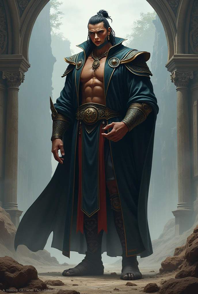 score_9, score_8_up, score_8, (((Single character image.))) (((1boy))) (((Dressed in medieval fantasy attire.))) (((This character is very sexy and dashing.)))(masterpiece, top quality, best quality, official art, beautiful and aesthetic:1.2), (1man), extreme detailed,(fractal art:1.3),colorful,highest detailed Rated R, tattoos, hint of vibrant, bold huge text, matted design layout. , musculine, Muscle body, Hairy chest and hairy body, loincloth,This is a darkly attractive male fantasy character who seems like a villain. hyperrealistic art nouveau, chie yoshii, andrey remnev, by Yamagata Hiro, mucha klimt and tom bagshaw, inspired by J. C. Leyendecker, inspired by J.C. Leyendecker, inspired by James C. Christensen