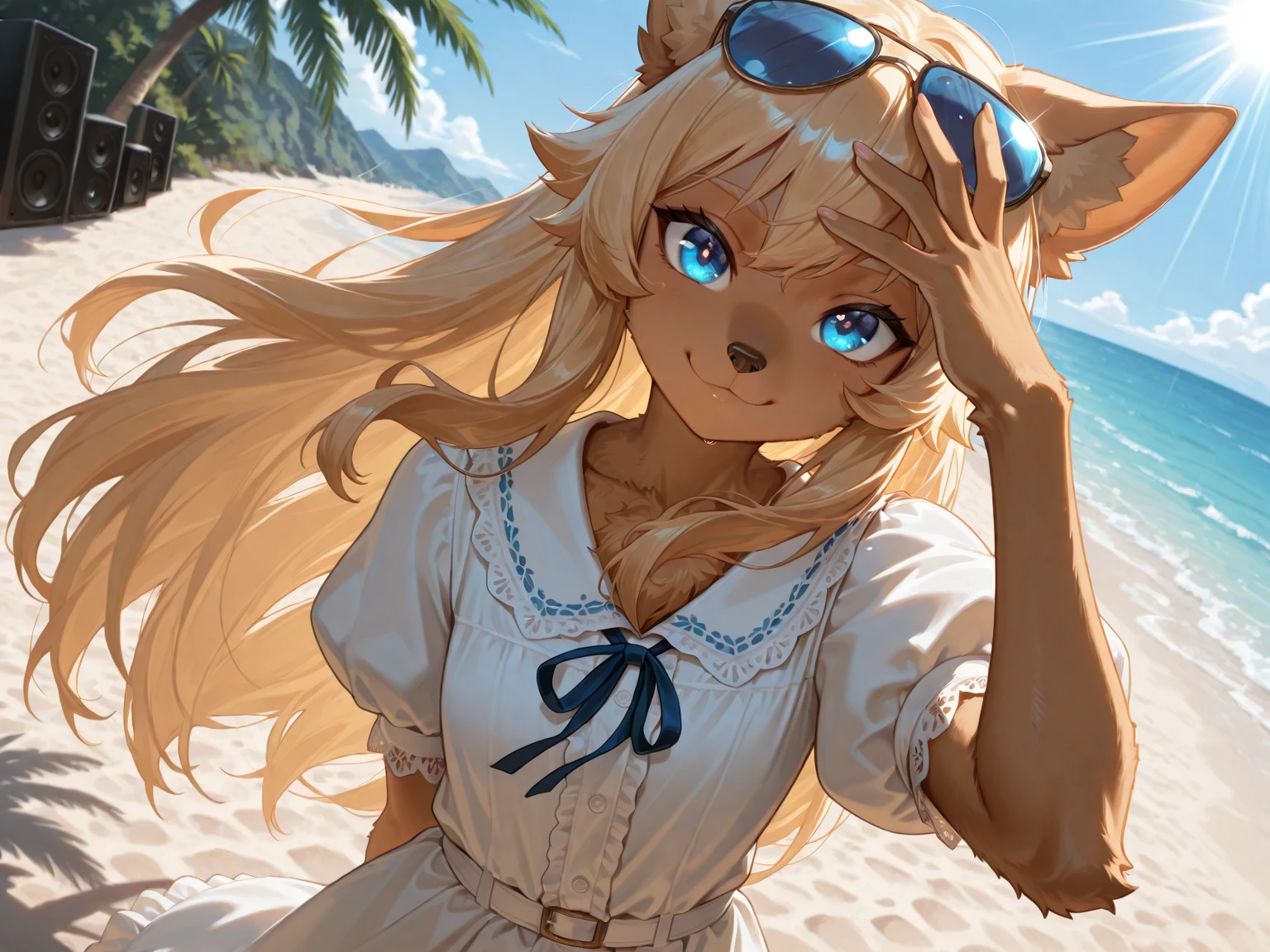 absurdres, highres, ultra detailed, masterpiece, sharp shading,blue sky,cloud,forest
furry girl,lynx,sheli,looking at viewer,solo,long hair,hawaii hula,garland
<hypernet:furry_kemono:1> <lora:Lynx:0.5>