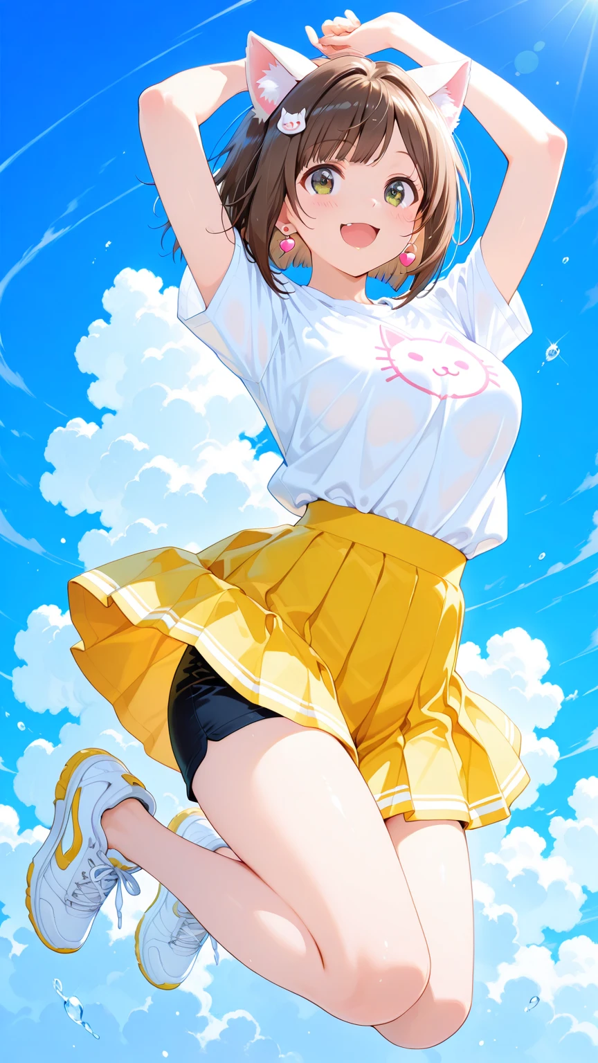 smiling, ((((upskirt))), jumping, ((sailor uniform)),((blue pleated skirt)), looking back, (((pink panties)), large breasts, summer, day, Sunflower field,spread arms,
