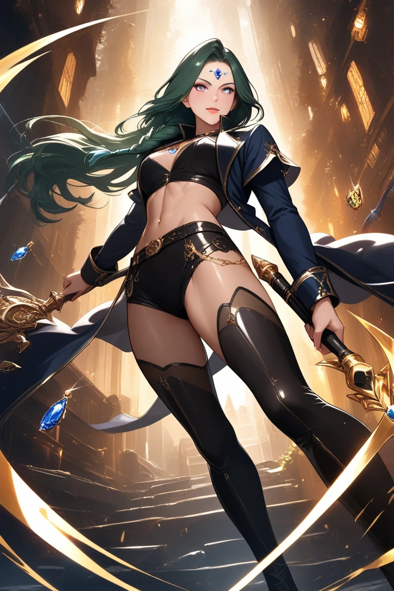 Highest quality、masterpiece、8K、Realistic、超High resolution、Very delicate and beautiful、High resolution、Fantasy、Perfect female body、mature woman、Green Hair、long Hair、Toned body、Cape、Clothing with low exposure、pants、boots、cigarette、Full body emphasis、Simple Background、wizard、witch