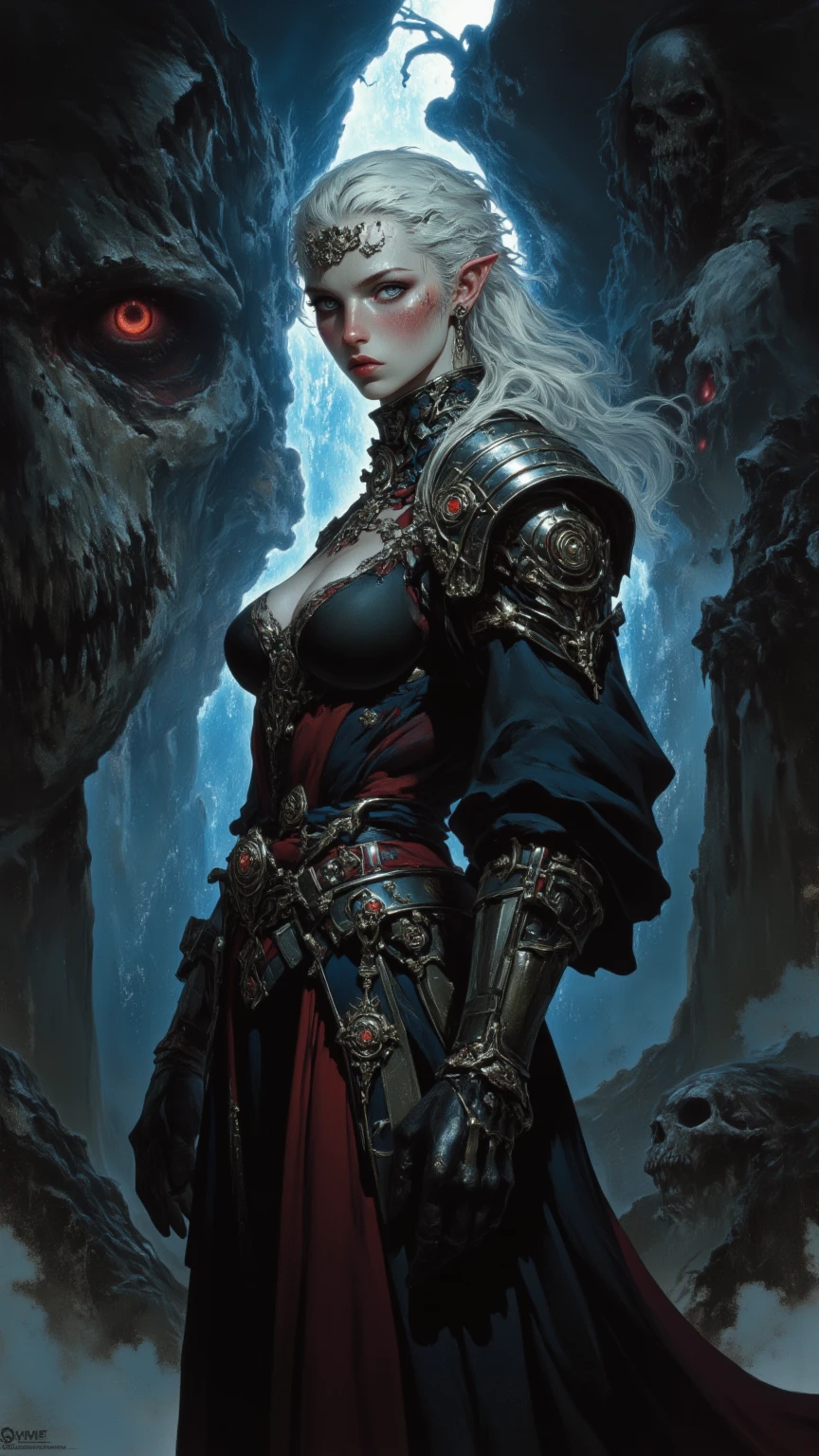 1girl, highres, beautiful face, pale skin, muscular, hypermuscle, Heavy metal album cover, hellfire, leather pants, leather jacket, road, thighs, wide hips, abs, chains, skulls, holding a rifle