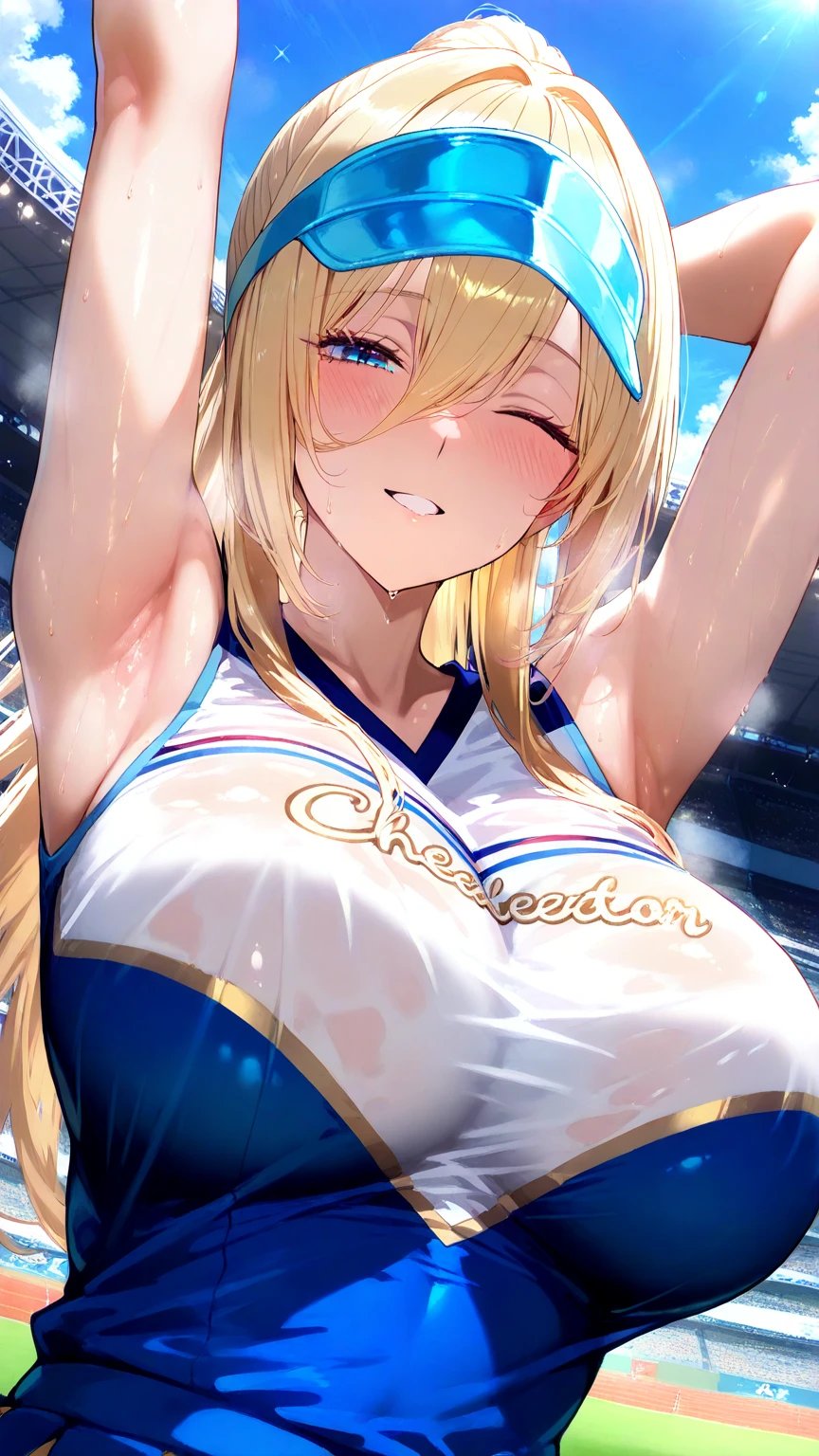 (masterpiece,intricate details), (vulgar),nsfw, 1girl, solo, wavy long blond hair, cheerleader uniform, collar, skirt lift, bare breasts, super breasts, curvy body, Sweaty skin, dark skin, much juice from having an orgasm, solo masturbation, squatting, open legs, looking up at viewer, pov, heart-shaped pupils, open mouth, tongue out like fellatio, girl trembling with sexual climax, takeda hiromitsu style, much drool, (blushing:1.5), (sweaty breasts:1.3)