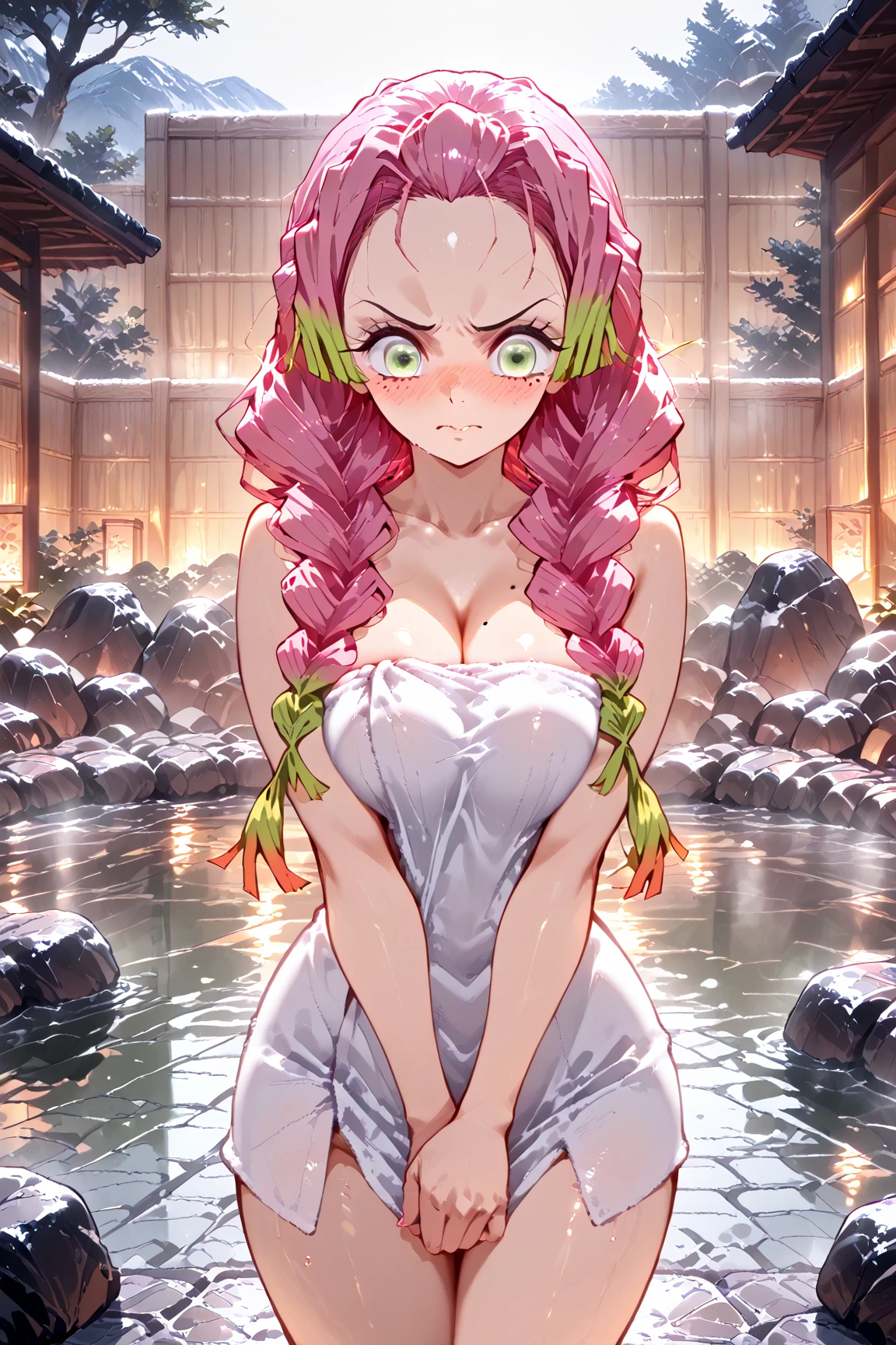 score_9, score_8_up, score_7_up, score_6_up,ChopioMitsuri, long hair, pink hair, green hair, twin braids, multicolored hair, green eyes, eyelashes, mole under eye, looking at viewer, large breasts, ????? towel, big tits, indoors, onsen, solo