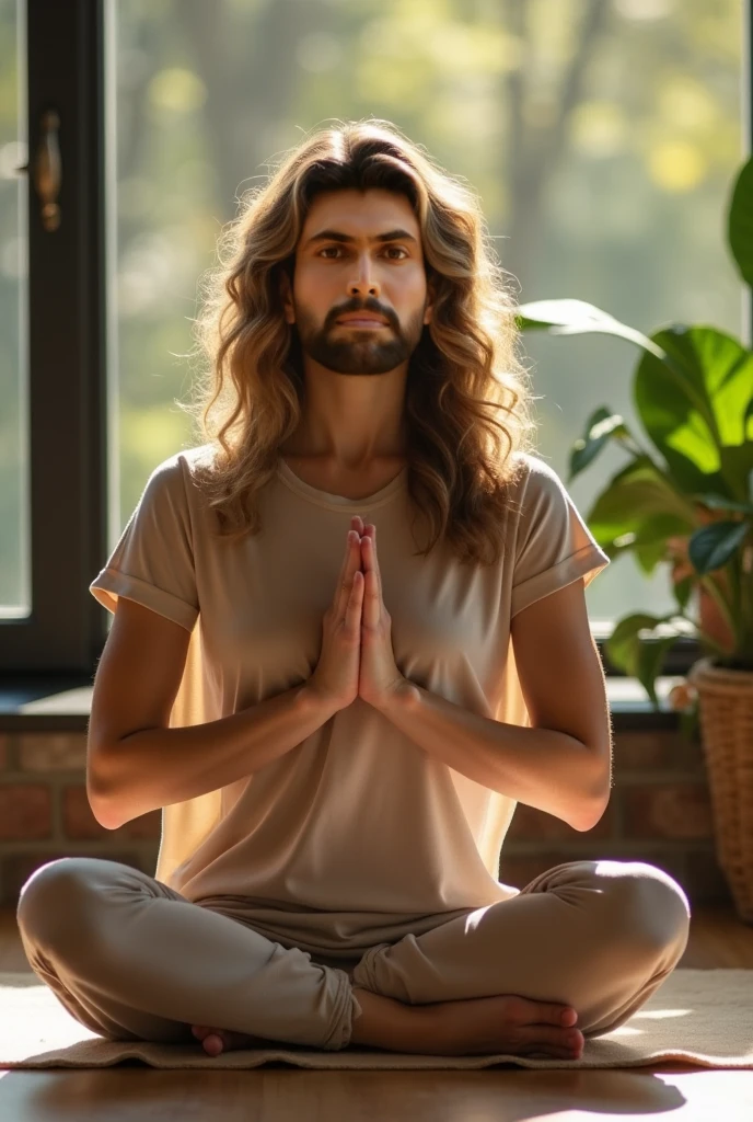 Man sitting in a lotus position with beard and long hair, Pose estoica, um ciborgue meditando, hindu stages of meditation, divindade masculina atraente, Padmasana, Meditating in lotus position, meditation pose, lotus pose, kundalini energia, meditating pose, Corpo de Deus Hindu Ciborgue, yoga meditation pose, zen méditation cyberpunk