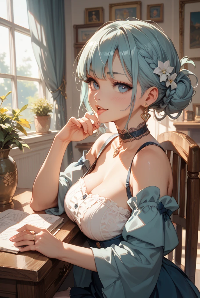 Anime Moe Art Style,highest quality,High resolution,Anatomically correct,One Girl,Mid-teens,A girl with light blue hair in a ponytail,Super detailed,Fantasy World,Girly fashion,Big Breasts,A rich expression,Laughing with your mouth open,Resting her breasts on the table,The gesture of tucking hair behind the ear,Eyes drawn in detail,hair ornaments,necklace,bracelet,ring,8K