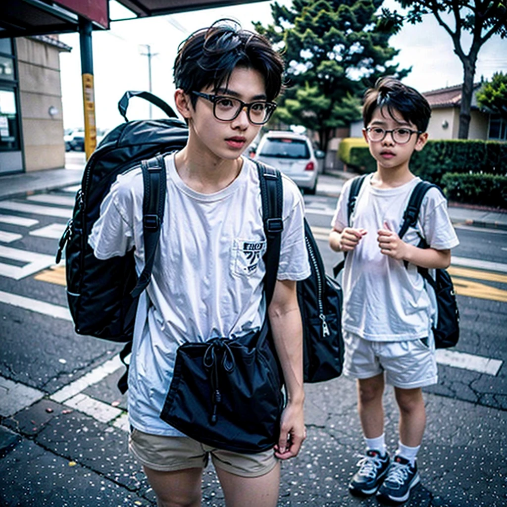 Create an image of a boy sitting on the bench with the camera looking behind him 