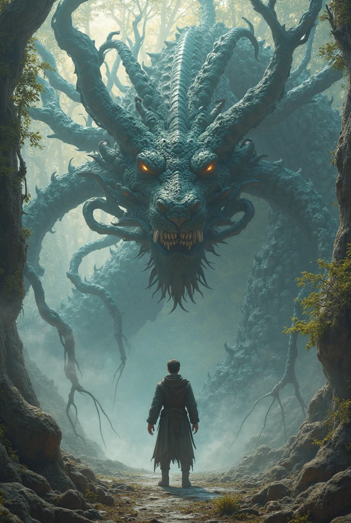 A very detailed painting,Depicts a man on a hill gazing at a giant alien monster, author:Shinkai Makoto, By Art Jem, From Wlop, author:Greg Rutkowski, Volumetric Lighting, Octane Rendering, 4K resolution, Popular on artstation, masterpiece