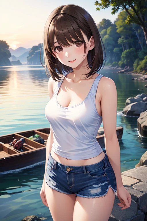 (Highest quality, High resolution, Masterpiece, 4K), (Soft light、Luster of hair、Beautiful eyes)、young woman、The whole body is visible、Adorable smile ((Wavy medium short hair, bangs, Chestnut Hair)), ((Wistful eyes、Gray Eyes, Perfect Eyes)), ((Detailed face, blush:1.1)), ((Smooth texture:0.75, Realistic texture:0.65, Realistic:1.1, Anime CG Style)),Medium chest、A body with just the right amount of flesh、(Sexy thighs、I see beautiful legs)、White cut and sew、Denim shorts、Cute Necklace、Earrings、Angle from the front、Peeking into this、Composition from below
