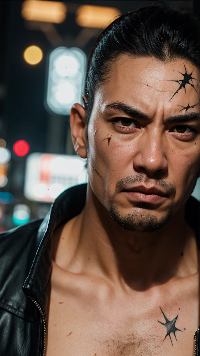 man strong, 1.90 meters, Yakuza boss, 30years, Japanese, bonitas, with a neck tattoo.
near him a young Japanese woman, innocent, 19yearsold,
