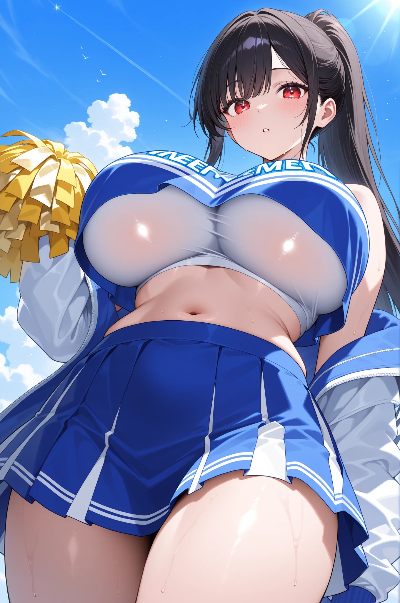 Accentuating the body, huge breasts, erect nipples, poses that accentuate the genitals, thick hair, pubic hair, cheerleader, skirt, very long black hair, ponytail, young girl, underboob, beautiful girl, girl seen from the floor,View from below Huge areola Armpit hair