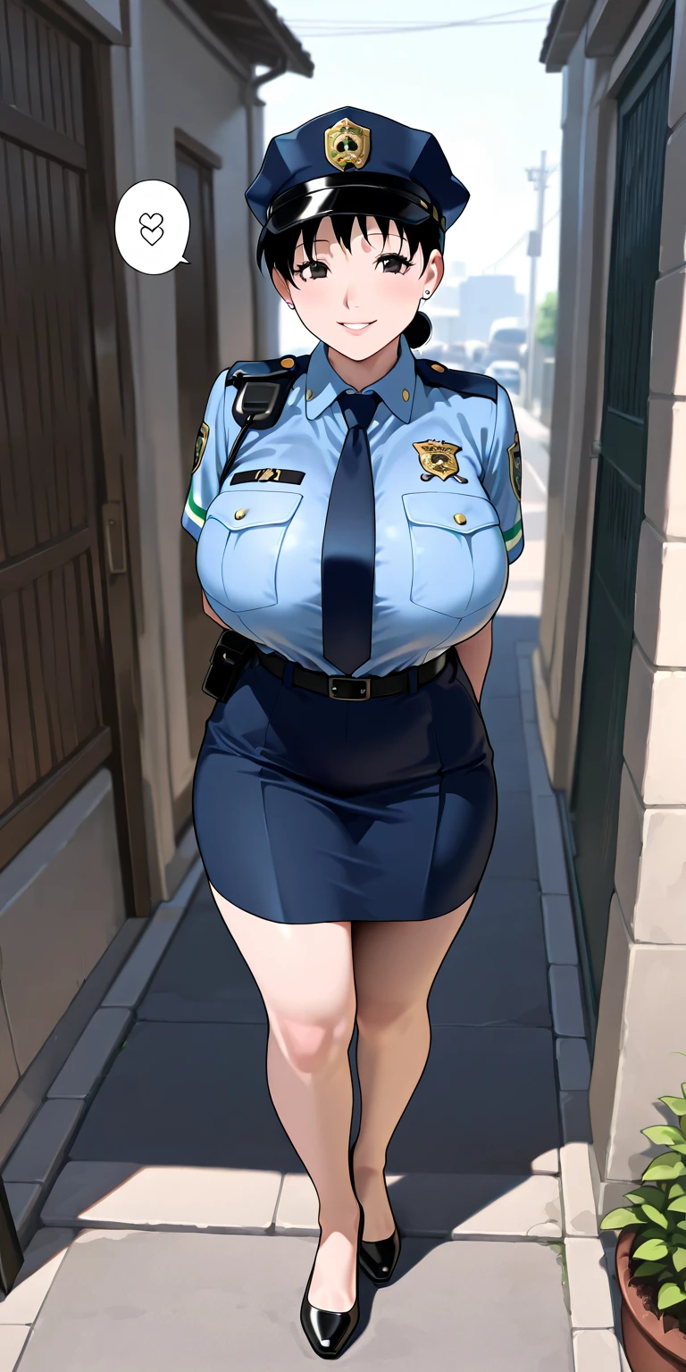 (1police woman), ultimate beautiful mature, hyperdetailed face, detailed eyes, Double eyelids, detail lips, short brunette hair, (Light blue fancy blouse), (black tight mini skirt), (big breasts), light-smile, thighs thighs thighs thighs, standing, ((cowboy shot)), depth of field, Perfect litthing, (Photorealsitic:1.4), (ultra-detailliert), (top-quality), (Best Shadows), (​masterpiece), Ultra High Resolution, Background with: (Tokyo city)
