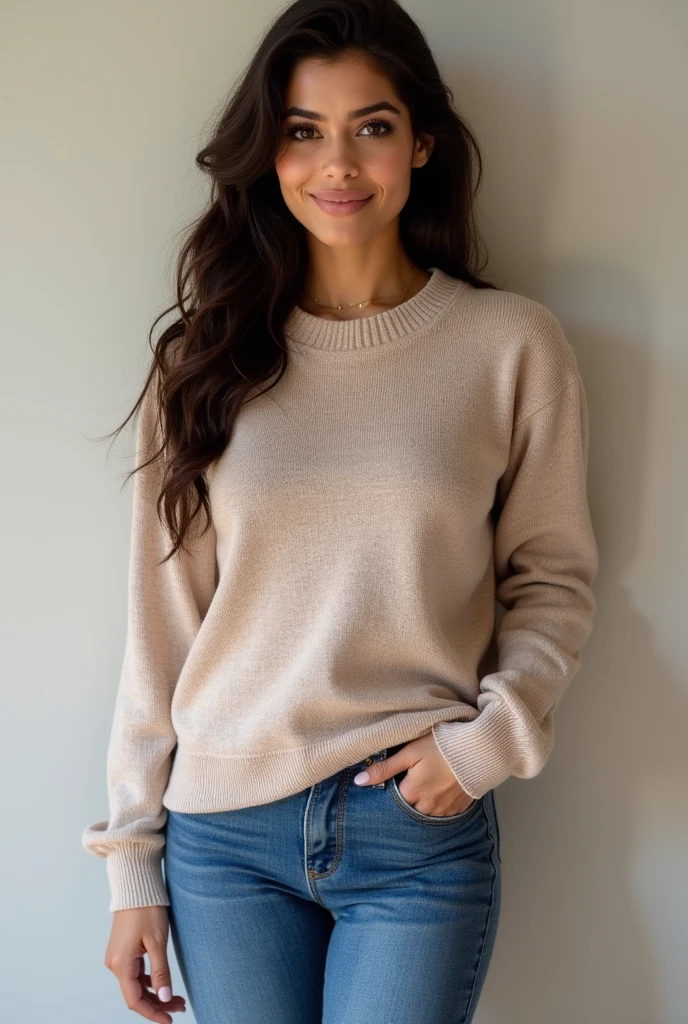 picture of haripear, wearing (knit_sweater), wearing (jeans), smile, interior, photorealistic, detailed face, detailed eyes