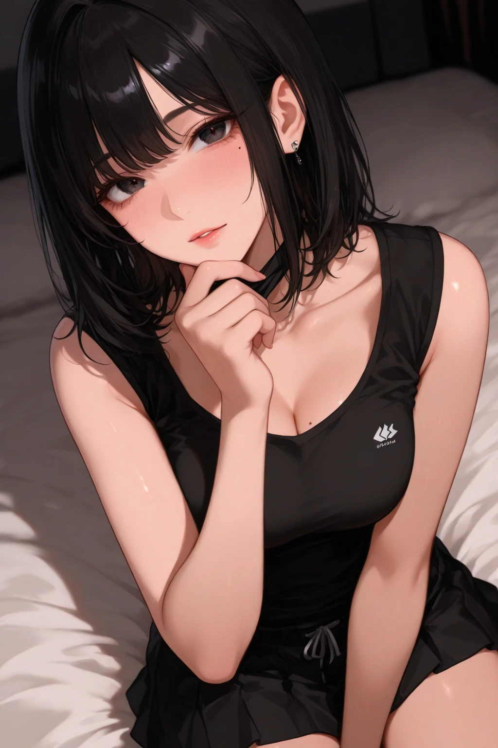 ((((Full body posture、Realistic emphasis on the rear buttocks、))))Sweating 1.5、Yawning selfie((Female, 50 years old))、(((Grab your own chest)))Wear black and white to strengthen your ace, Green, and white t-shirt,(((Chest super large zoom,Cleavage emphasis))),((Looking down from the bed in cowgirl position,write)))Blushing,Red lips,((my hair is short and cropped like a mullet))、A sexy,Bed sit,Open your mouth wide、Wearing underwear