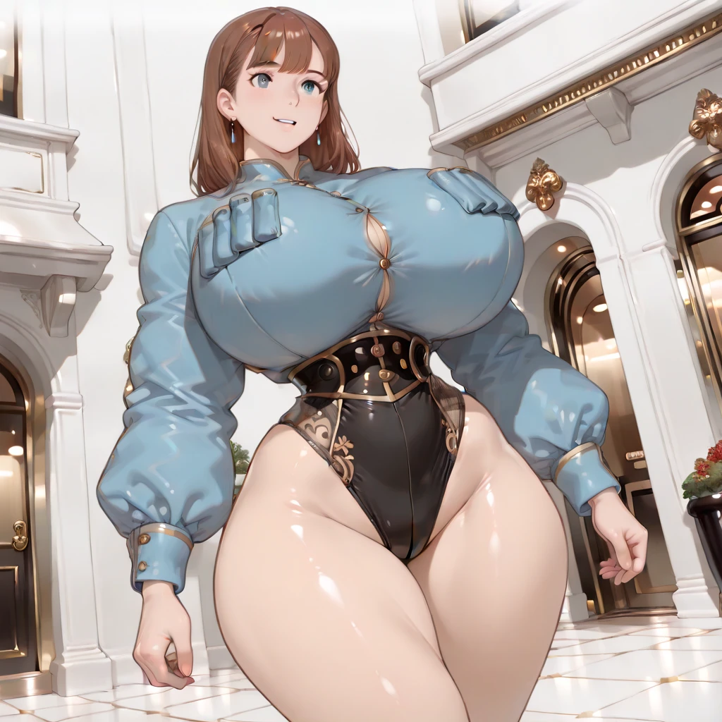 mujer, Female 15 years old, muscular, Traje ajustado, Pechos gigantes, pechos enormes, Oppein Proporciones, long brown hair, Yellow eyes, cintura delgada, caderas grandes y cuvy, culo enorme, sonriente, Labios llamativos, pintalabios rojo, cuerpo completoesbiano, hands making signs, Sexy pose in the bathroom, Estilo anime retro, 80's anime, 80's retro anime, Bright colors and solid tones.