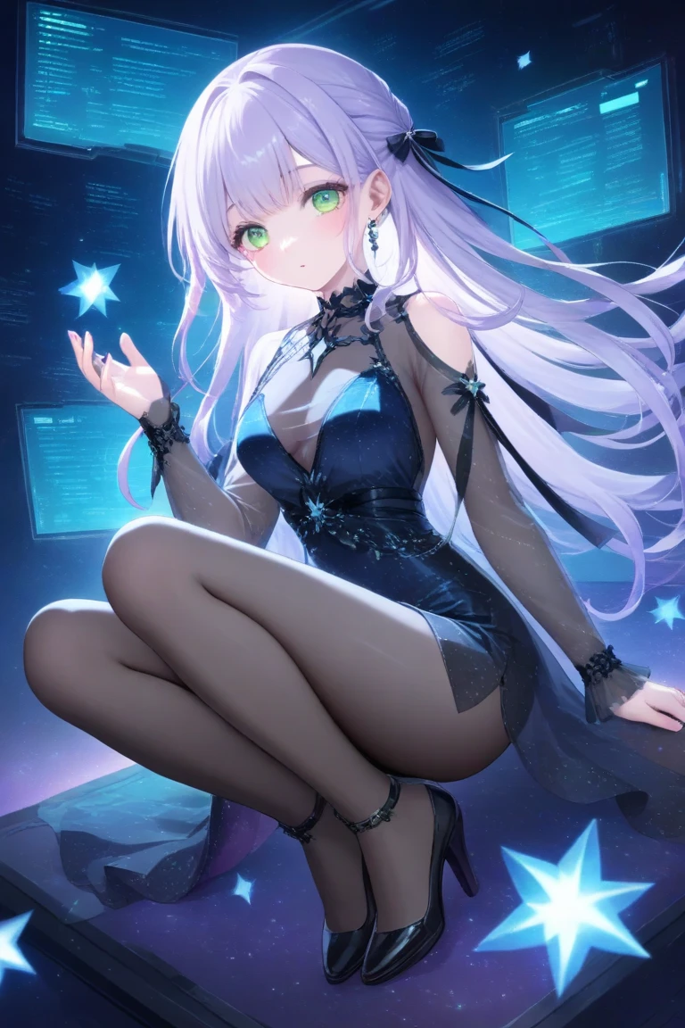 Lilac Gradient Hair,Asymmetrical hair,((Very voluminous hair 1.8,Hair is distinct 1.5)), Hair on the shoulders, hair messy, Very long hair, Shiny hair,(Long hair:1.2),a beauty girl,Gorgeous violet miniskirt,Tall and tall,slenderness,(Looks sad,The face is painted pale,grieves,closes mouth:1.2) Against the background of a dazzling dark starry sky,On the stomach,supporting one's head with one hand,round, Large, firm breasts,Barefoot,afloat,waterface,Dignified,long legged,long legged,Perfect leg shape,full body Esbian