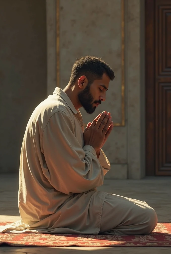"A high-resolution, lifelike image of a young bald man with a masculine build, wearing a taqiyah, performing a prayer to Allah in the interior of a mosque in America with many people