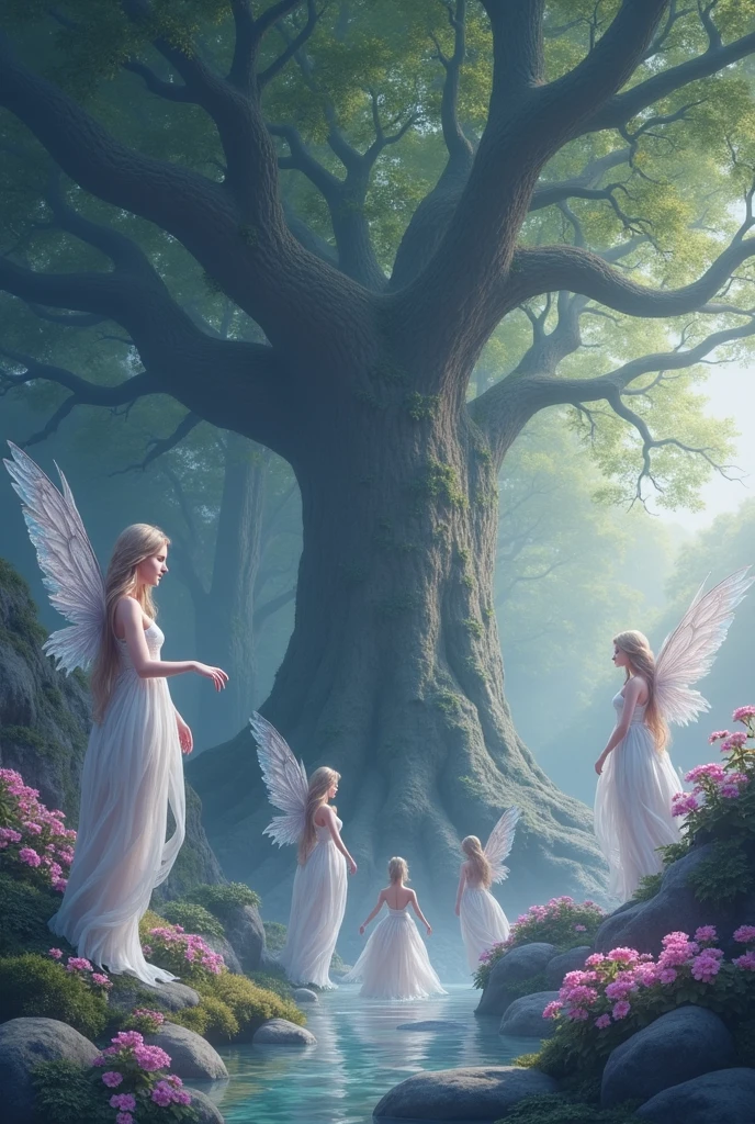 (Photorealism:1.2) a tree of life full of colorful flowers and angels , and cotton clouds 