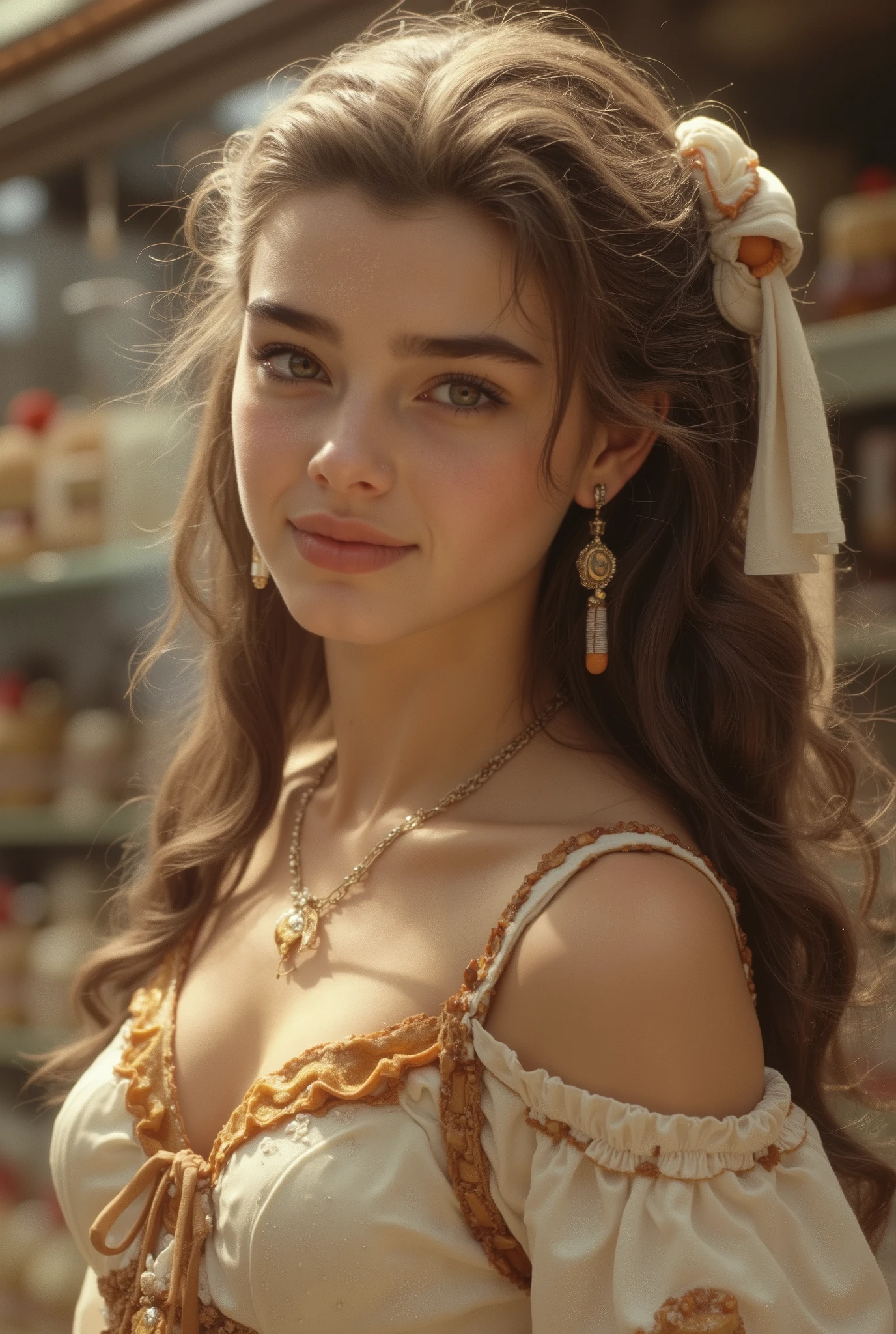 A hyper-realistic, full-body portrait of a young woman whose body is made of elegant desserts and confectionery, her skin resembling silky white chocolate, strands of her hair formed from delicate spun sugar and caramel ribbons, her dress sculpted from layered mille-feuille and glazed fruit tart, ornge lips like orange jelly, eyes reflecting the sparkle of sugar crystals, fingers tipped with chocolate-dipped nails, detailed texture of sweets blending organically with human anatomy, softly lit fantasy patisserie background, realistic lighting, 35mm photography, cinematic composition, concept art
