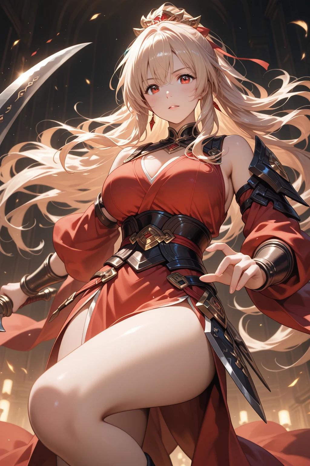 masterspiece、beste Quality、Insanely detailed,Super detailed illustration、only girl、独奏、(armor:1.6),(bikinis:1.3),long hair,(over knee BOOTS),(Thigh armor:1.2),Cowboy Shot,(temple),(qipao:1.5),(Glamorous),(Animated:1.2),5finger,
