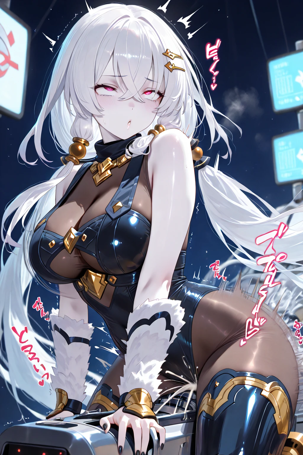 1girl, animal ears, playboy bunny, rabbit ears, solo, leotard, tail, long hair, detached collar, yellow eyes, highleg leotard, rabbit tail, armpits, wrist cuffs, looking at viewer, white leotard, highleg, smile, white background, arm up, open mouth, pole, fake animal ears, necktie, strapless, blush, strapless leotard, grey hair, bare legs, cleavage, large breasts, thighs, very long hair, black necktie, bare shoulders, short necktie, cowboy shot, white hair,(shiny skin),(mature female:1.2),blanc \(nikke\), (2heads:1.3)
