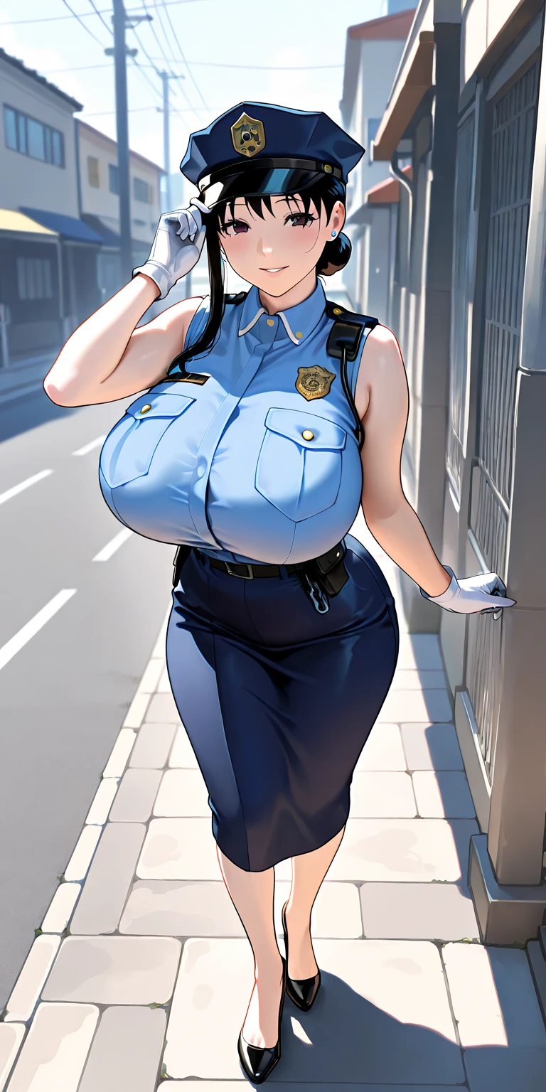 Close-up of a policewoman in a police uniform posing for a photo, Short teal And black  hair, Light blue shirt, smiling,  black miniskirt , Jumpsuits, Black boots, Busty, Sexy girl, Jaw-dropping beauty, with beautiful exotic, cleavage, Very sexy, Looks hot, jaw-droppingly beautiful, Sexy look, beautiful upper body, Attractive body, Clothing that exposes, thicc, Large bust, With large breasts, sie boob, really large bust, huge tit, Ruddy cheeks, perspire, Soak the whole body in milk, A look of shame, Standing in a dimly lit iron cell