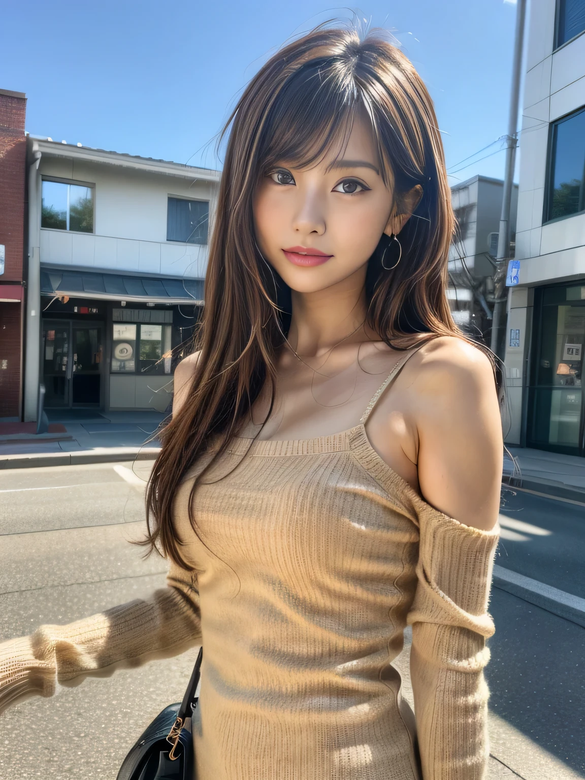 Ultra High Definition, Superior Quality, Premier Quality, ultra detailed, Photorealistic, 8k, RAW Photos, highest quality, masterpiece, Attractive girl, Stunning girl, Brown Hair, Shoulder Length Layered, asymmetrical bangs, Japanese Idol, Sophisticated, Stylish, blouse,Shibuya, 