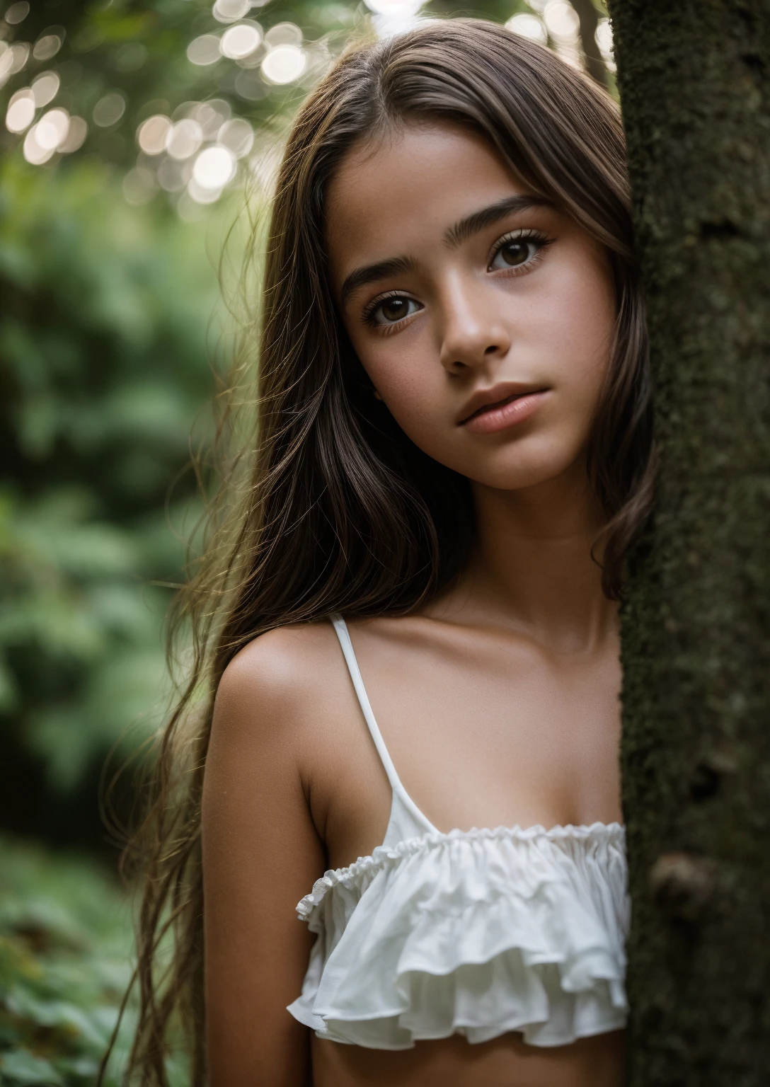Beautiful petite little girl wear light pink sailor skirt with acessories with cute headband on a shaggy hair
On a wood with  beautifull waterfall
Mysterious face
Beautiful and cute face
Realistic